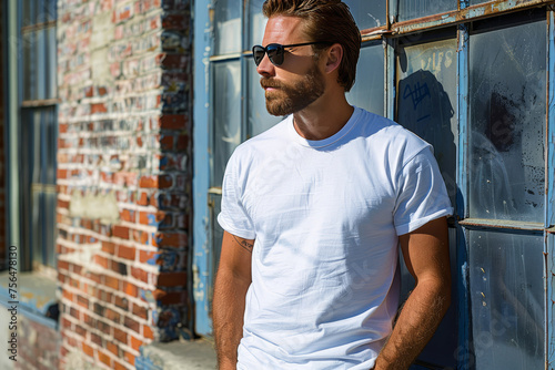  stylish man in white t-shirt and sunglasses posing by brick wall for fashion shoot, mock up, blank gilden 3000 tshirt  photo
