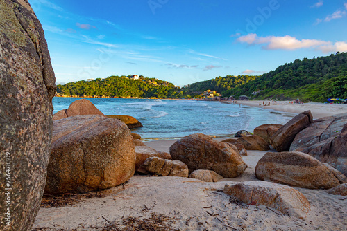 rochas da praia das Bananeiras ao fundo a praia do Defunto e a praia das Cordas cidade de Governador Celso Ramos Santa Catarina Brasil  photo