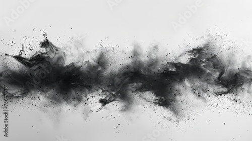 Background of black watercolor paint splashes isolated on white.