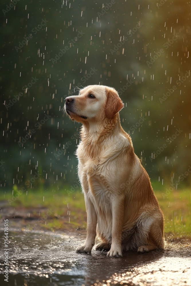 Portrait of a brown dog outside in the rain