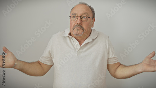 Puzzled senior man with glasses and moustache shrugging against a white background.