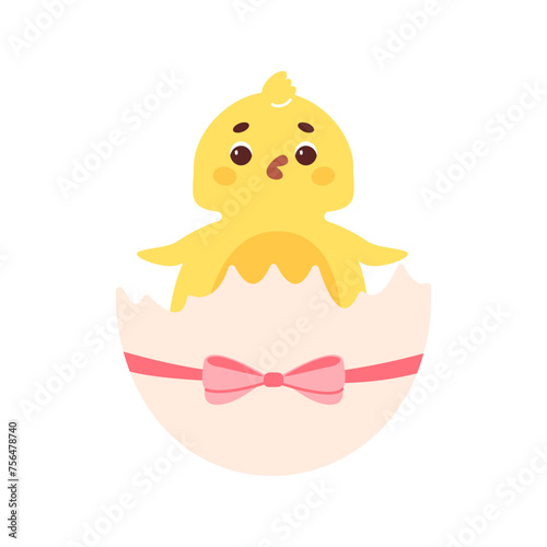 Cartoon chicken hatched out of an egg shell tied with bow. Vector flat illustration.