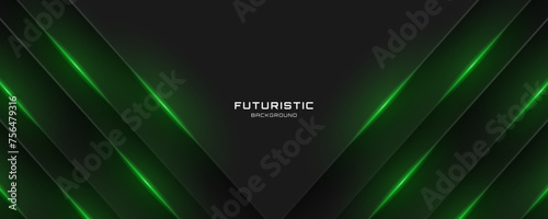 3D black techno background overlap layer on dark space with green light lines effect decoration. Modern graphic design element cutout style concept for web banner, flyer, card, cover, or brochure