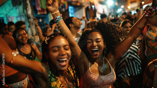 Joyful crowd dancing in a festive atmosphere in a favela. Baile Funk and Carnival