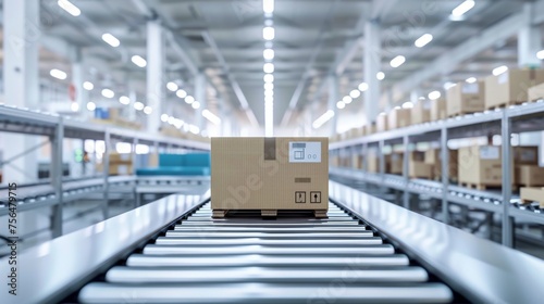 Cardboard box on a conveyor belt in a modern warehouse