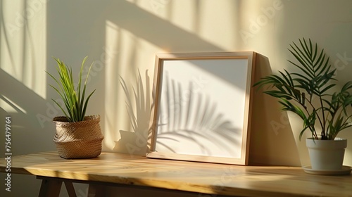 Mockup of an empty photo frame lying on a wooden table on a beige background  minimalistic and clean style