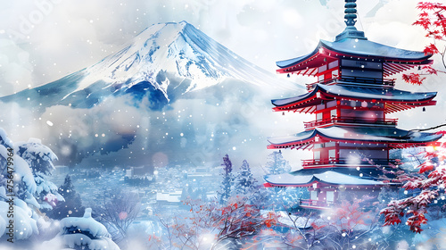 Images of pagodas and Fuji are symbols of Japan. Winter season, using alcohol ink, banner, Power Point presentation. on white background.