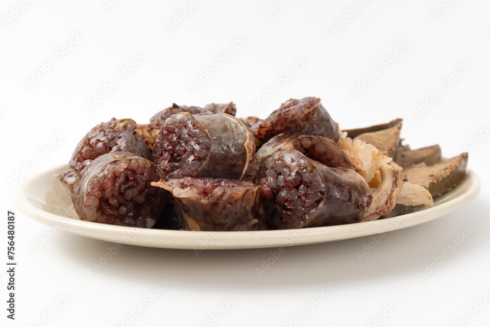 Sundae and pork intestines on white background Sundae and pork intestines on white background