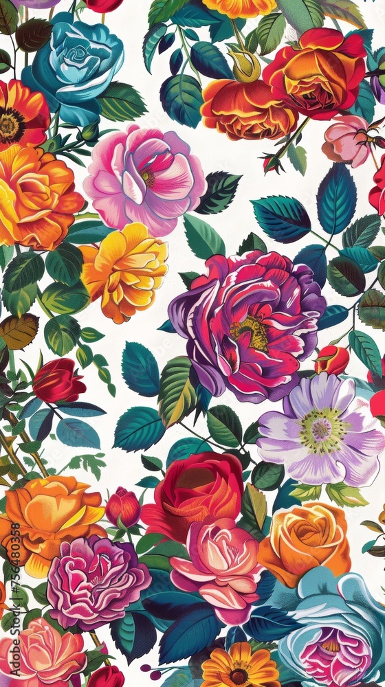Design a vibrant wallpaper pattern featuring a variety of colorful flowers against a white background Design a vibrant wallpaper pattern featuring a variety of colorful flowers against a white background