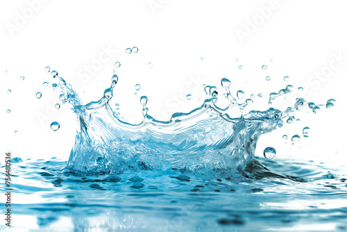 Blue water drops with small splashes isolated on a transparent background,b