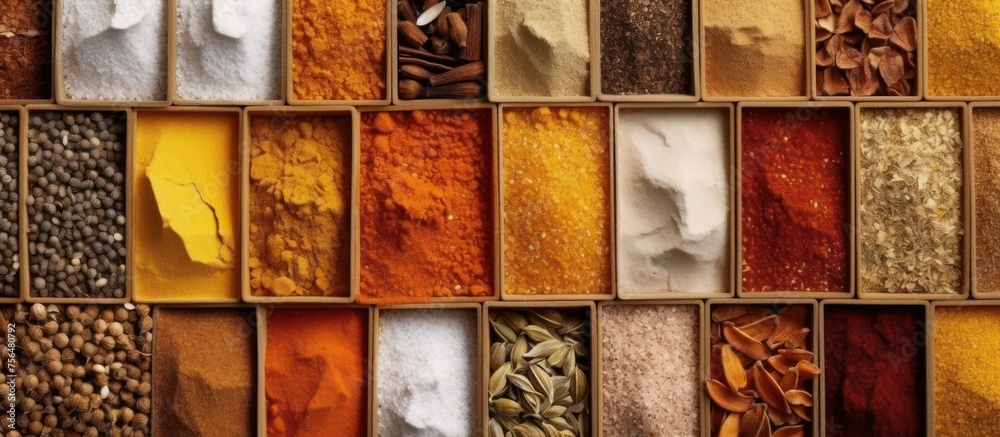 Several types of powdered spices were scattered on the table. Spices for cooking in the background.