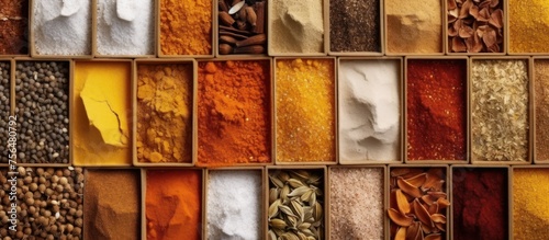 Several types of powdered spices were scattered on the table. Spices for cooking in the background.