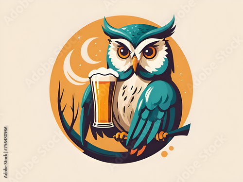 Cute owl drinks beer to celebrate the festival