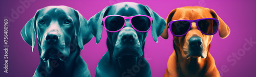 Group of three great dane dogs with sunglasses isolated on purple background