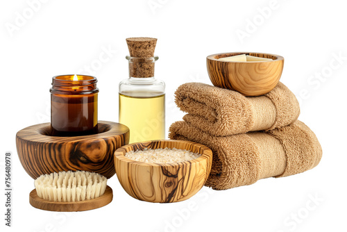 Set of Spa equipment, Towels, scented candles oils and accessories for spa treatments on a transparent background