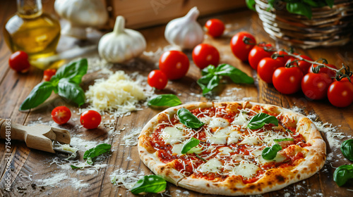 Italian pizza on wood table with ingredient