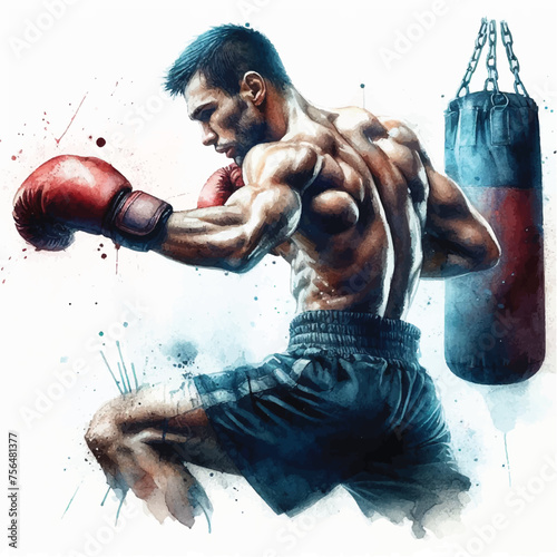 illustration of boxing man in gloves, watercolor painting vector