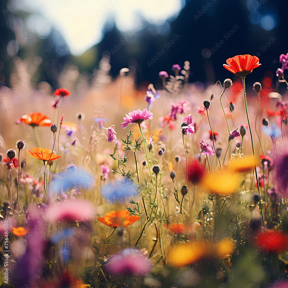 A field of wildflowers with a shallow depth of field