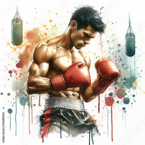 illustration of boxing man in gloves, watercolor painting vector