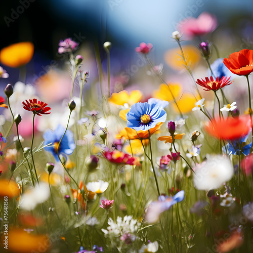 A field of wildflowers with a shallow depth of field