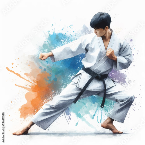 watercolor illustration of man in kimono training karate and taekwondo