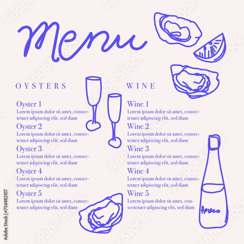 Seafood restaurant menu template with hand-drawn seafood delicacies. Sample design. Brand style vector illustration. Hand-drawn wine bottles, glasses, oyster shells and lemon vector illustration. 