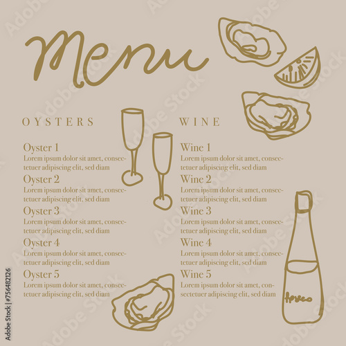 Seafood restaurant menu template with hand-drawn seafood delicacies. Sample design. Brand style vector illustration. Hand-drawn wine bottles, glasses, oyster shells and lemon vector illustration. 