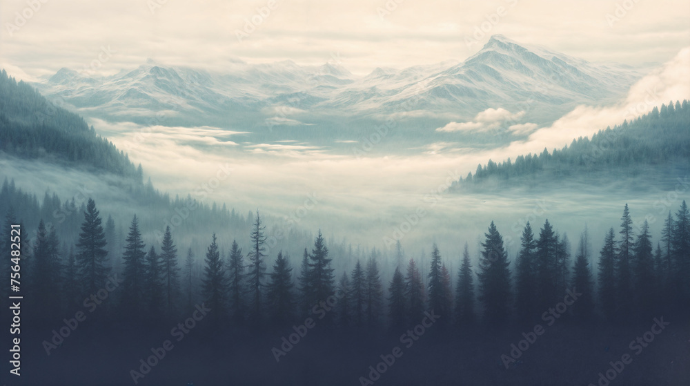 Mist-covered mountain range dominated by towering pine trees. Fog shrouds peaks, creating mysterious and somber atmosphere. Dense forest below adds depth to composition