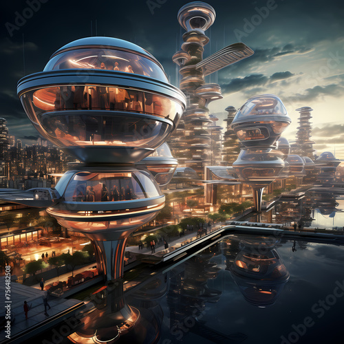 A futuristic cityscape with floating transportation equipments photo