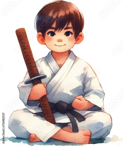 cute watercolor minimalistic illustration of karate boy training taekwondo, kid in kimono