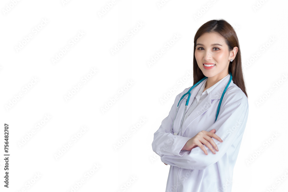 Young asian professional woman doctor standing confidently with arms crossed wearing white robe and stethoscope at examination room in hospital while isolated white background. Young asian professional woman doctor standing confidently with arms crossed wearing white robe and stethoscope at examination room in hospital while isolated white background.