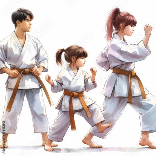 watercolor illustration of children in kimono training karate and taekwondo