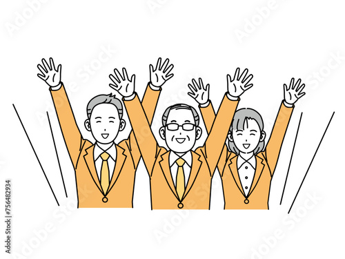 万歳する中年会社員の男性と同僚のイラスト