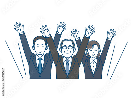 万歳する中年会社員の男性と同僚のイラスト