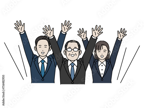 万歳する中年会社員の男性と同僚のイラスト