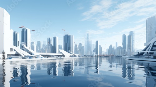 Futuristic eco smart city skyline with skyscrapers and towers  creative 3d scene illustration.