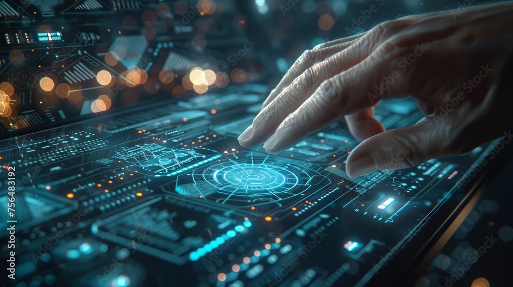 Industry leader touching transparent security console, futuristic network theme, immersive blue visuals