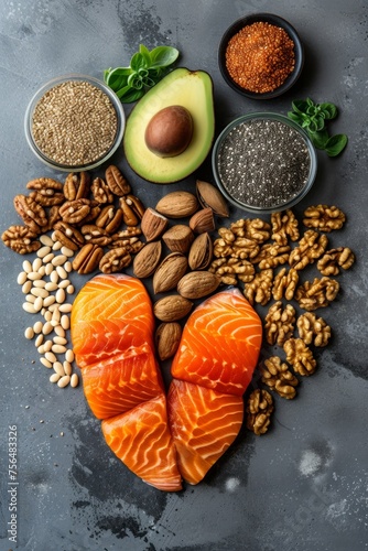 Products with a source of omega-3 and unsaturated fats. Superfoods high in vitamin e and dietary fiber for a healthy diet