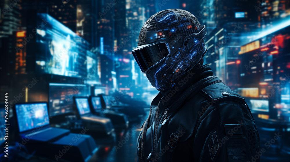 Futuristic cyberpunk character with helmet in neon-lit cityscape at night. Futuristic cyberpunk character with helmet in neon-lit cityscape at night.
