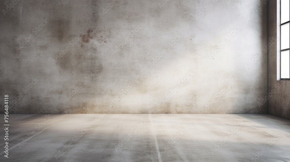 Horizontal Minimalistic Empty Interior, Cement Concrete Gray Grunge Wall and Floors near the Window, Background for Product Presentation, Advertising and text, Copy space. Horizontal Minimalistic Empty Interior, Cement Concrete Gray Grunge Wall and Floors near the Window, Background for Product Presentation, Advertising and text, Copy space.