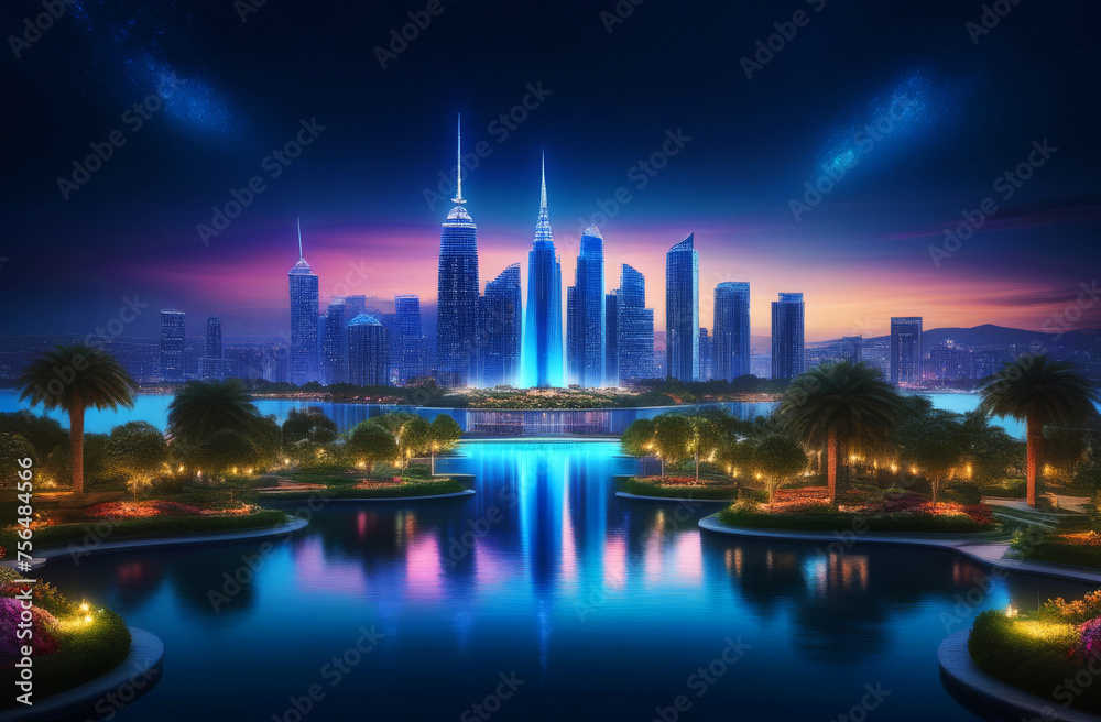 Abstract Fantasy futuristic green city scape among sea. concept of future eco cityscape at nightlight