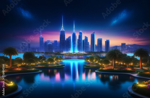 Abstract Fantasy futuristic green city scape among sea. concept of future eco cityscape at nightlight