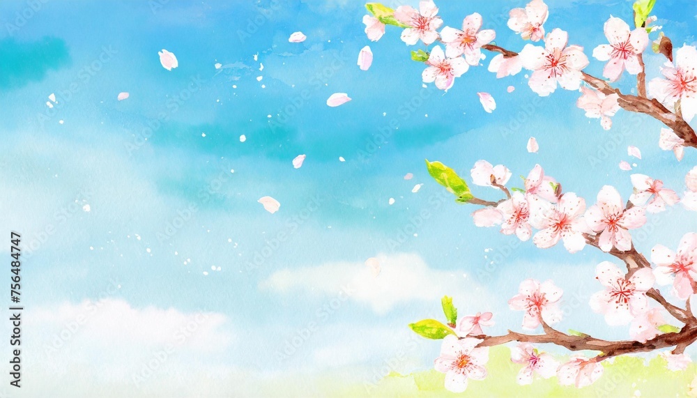 spring background with the image of blue sky and cherry blossoms watercolor illustration material
