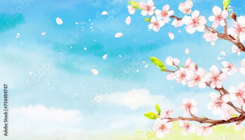 spring background with the image of blue sky and cherry blossoms watercolor illustration material © Josue