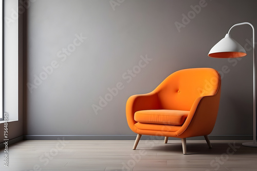 An orange chair next to a potted plant on a hardwood floor, a 3D render design.