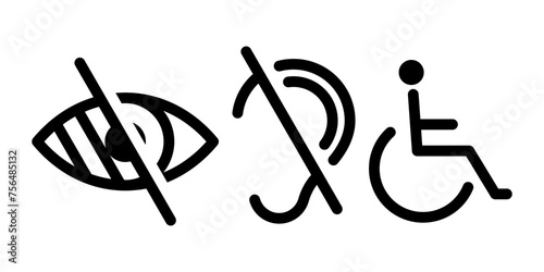 Invalid icon set. Vision problem, deafness, wheel chair icons