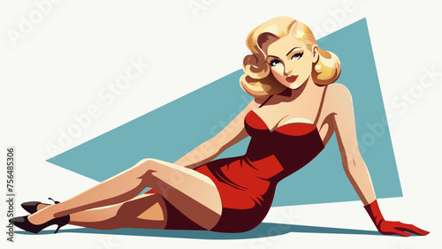 Beautiful lady with blond hair and in a beautiful dress.cartoon, frisky bombshell, alluring, legs, simple white background photo