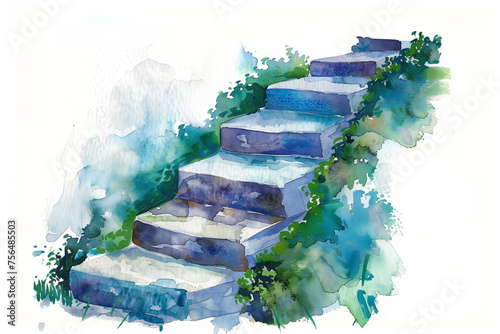 Watercolor painting of a stone staircase surrounded by lush greenery on white background photo