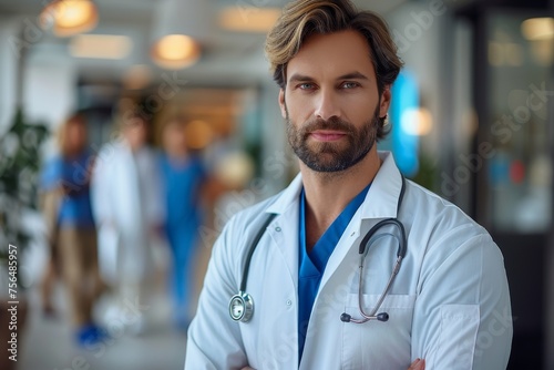A handsome male surgeon with a stethoscope exudes confidence in a hospital corridor with staff in the background