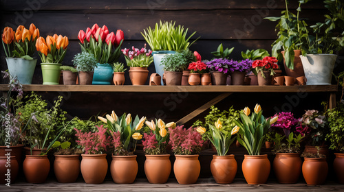 Wallpaper Mural Colorful potted flowers and plants on wooden shelves against a dark background. Torontodigital.ca